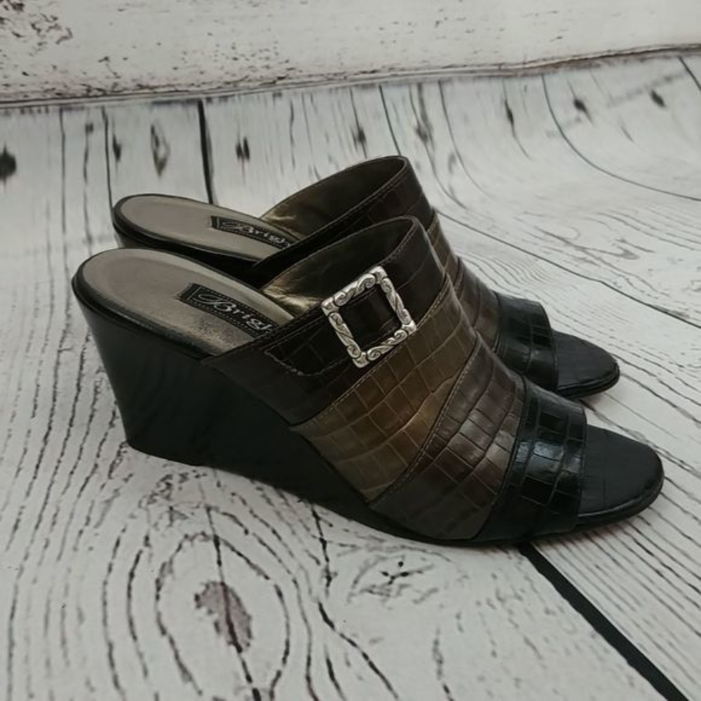 Brighton Robin Pewter Leather Wedge Sandal